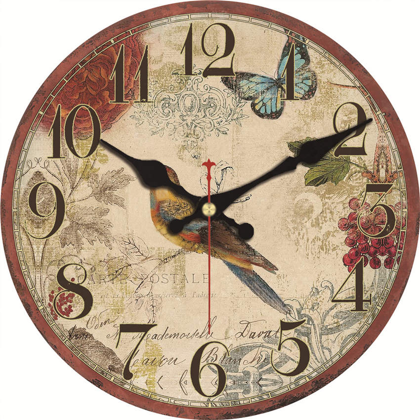 Reloj de pared de madera Vintage con pájaros con flor, país francés, romántico, desgastado, Chic, 12 &quot;, números romanos decorativos grandes, batería analógica: 13404 / 16 inch ( 40 cm )