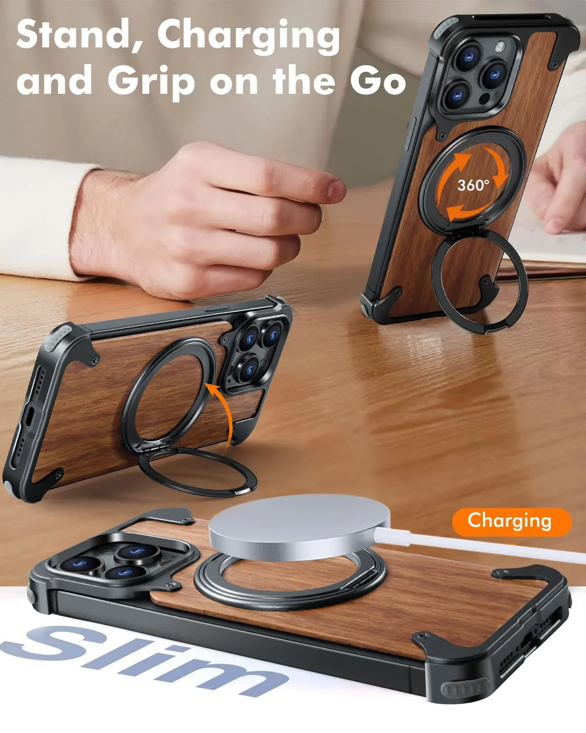 Oatsbasf Solid Wood Magnetic Phone Case for iPhone 16 Pro/16 Pro Max w/ 360°Rotate Kickstand Wireless Charging Protective Cover