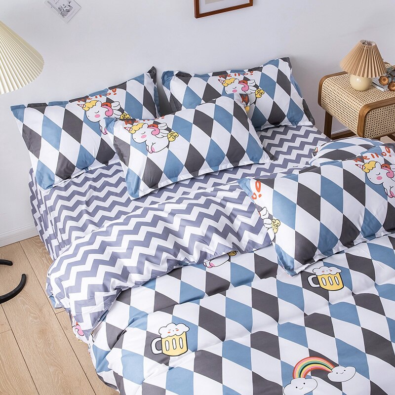 Grid Bedding Set, Duvet Cover Pillowcase 3pcs 220x240,135x200 Child Quilt Cover,Unicorn Pattern Double Queen King Size Bed Sets