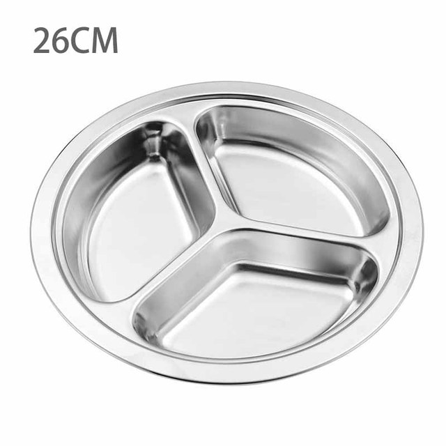 22/24/26cm Stainless Steel 3 Sections Breakfast Plate Divided Portable Barbecue Picnic Tray Portion Control Plate For Eating: 26cm