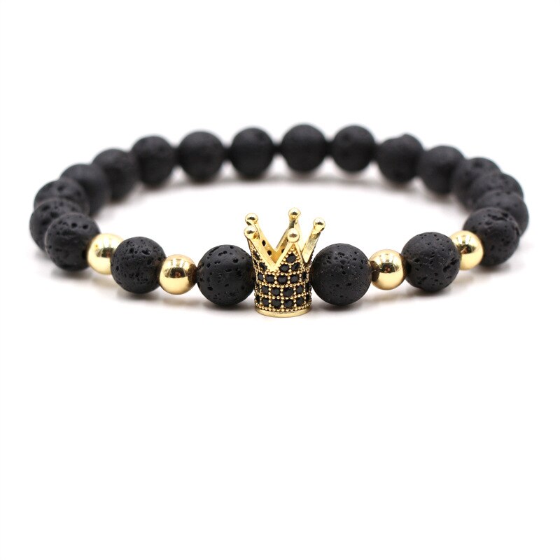Grensoverschrijdende Europese En Amerikaanse 8Mm Natuurlijke Vulkanische Rock Essentiële Olie Energie Armband Micro Ingelegd Kroon Wit Zirkoon L: gold