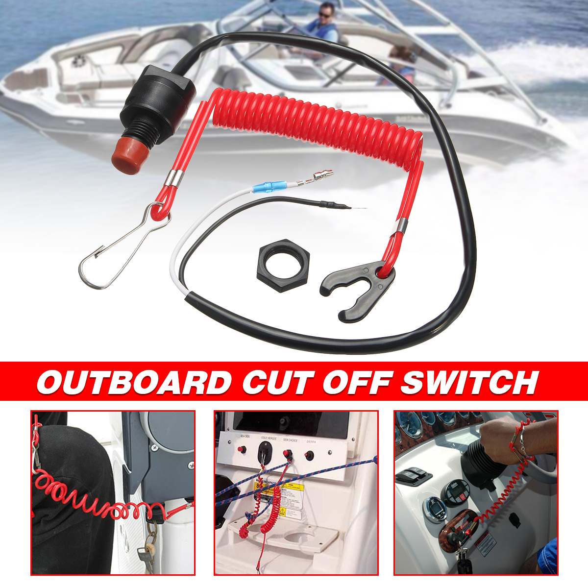 Boat Motor Emergency Kill Stop Switch for Yamaha /Tohatsu Outboard Stop Kill Switch Cut off Switches With Safety Tether Lanyard