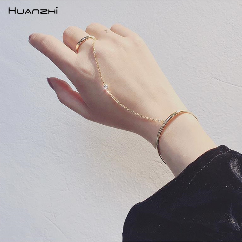 HUANZHI Star Same Paragraph One-piece Rhinestone Ring Chain Long Section Metal Bracelet Bangle for Women Men Girl Party