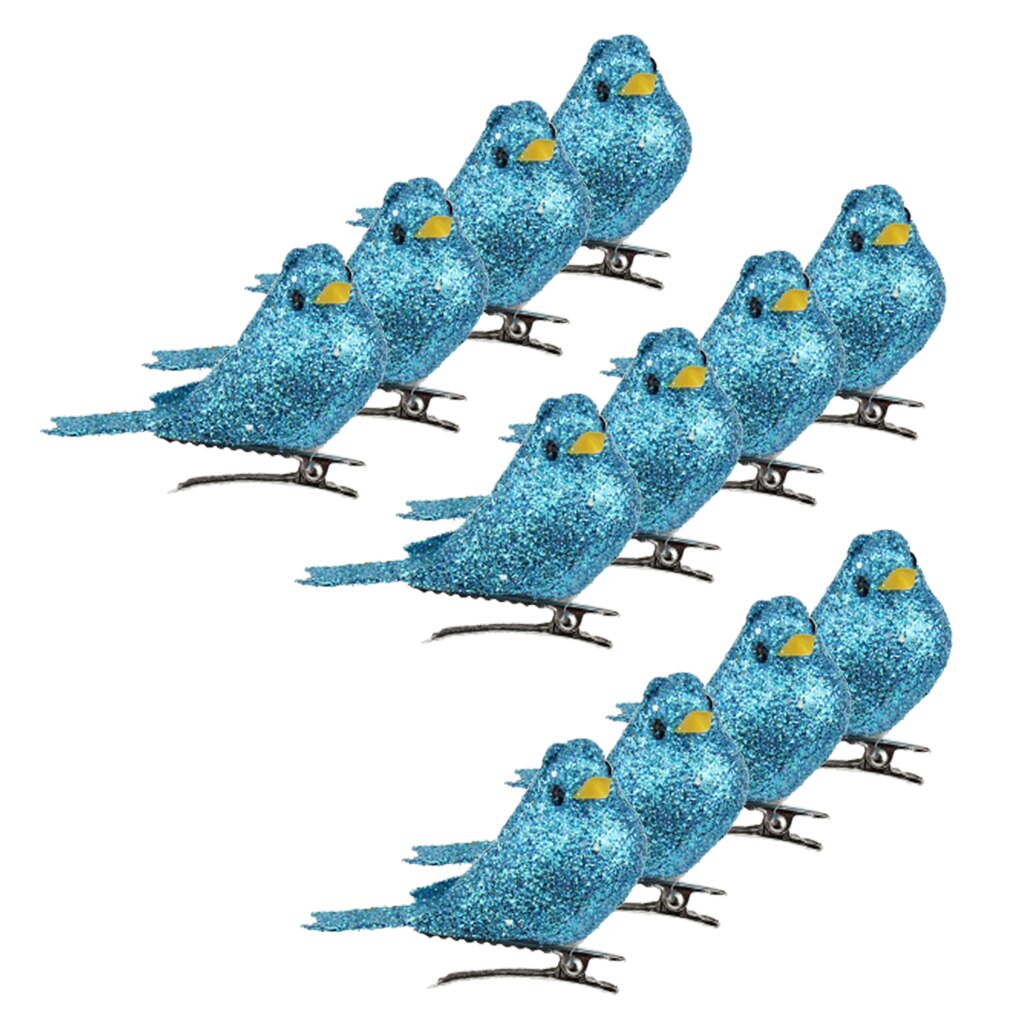 Paquete de 12 pájaros artificiales en Clips, pájaros de espuma con plumas para manualidades DIY, adornos de jardín al aire libre, decoraciones para fiestas en casa: Blue