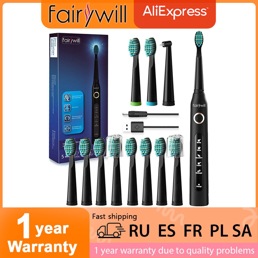 Fairywill Electric Sonic Toothbrush FW-507 USB Charge Waterproof Rechargeable Electronic Tooth 8 Brushes Replacement Heads Adult