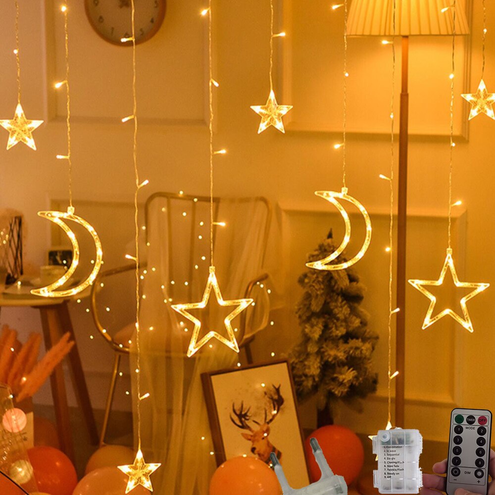 Guirlande lumineuse LED pour rideau de fées, en forme d'étoile, de lune, pour noël, pour la maison, pour une fête de mariage, pour le jardin, avec piles AA
