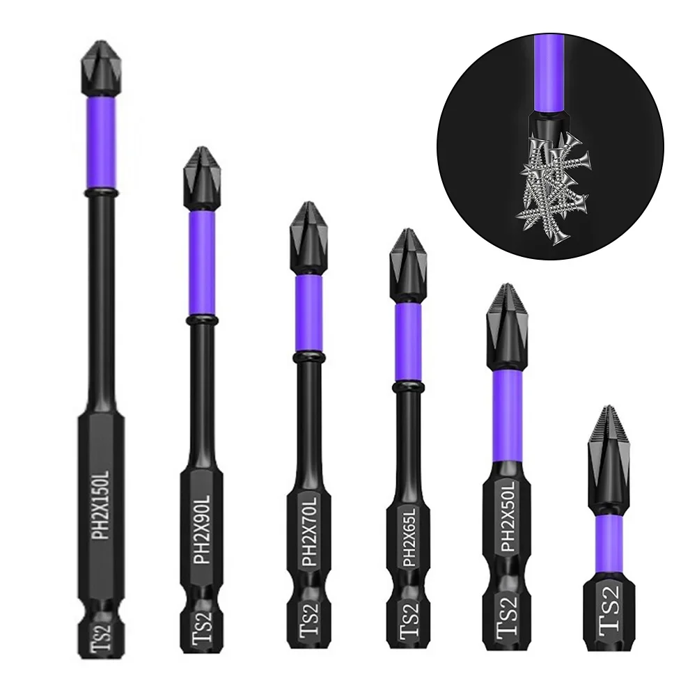1pc ph2 magnetiske skrutrekkere med batchhode og krysshardhet, slagbor, 25/50/65/70/90/150mm sklisikre skrutrekkerbits