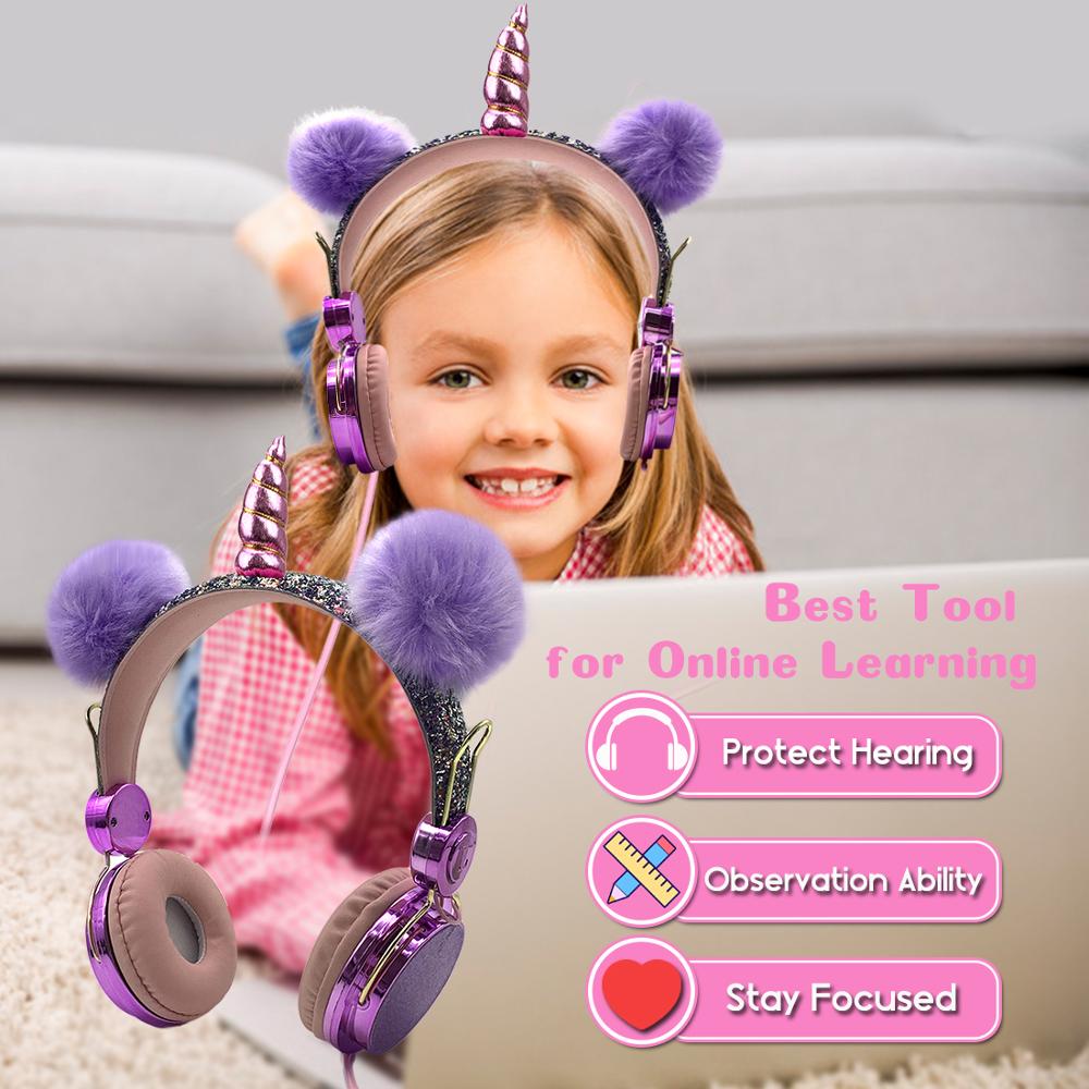 Enfants licornes casque filaire paillettes ours casque Volume sûr musique casque pour garçons et filles d'anniversaire