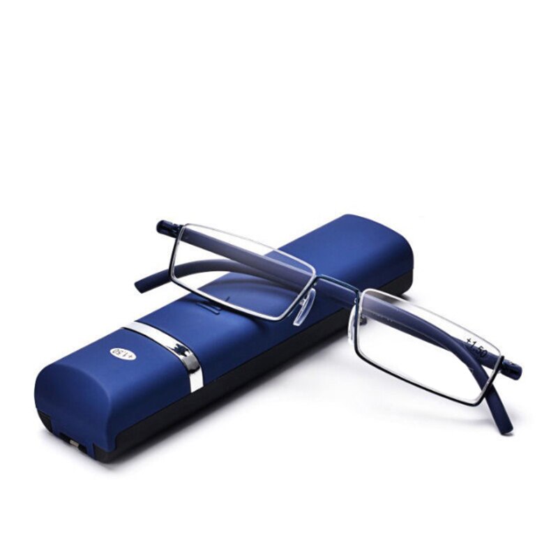 Kan Bloem Metalen Blauw Licht Leesbril Mannen Blauw Half Frame Glazen Voor Farsightness TR90 Eyewear Met Case Vergroten