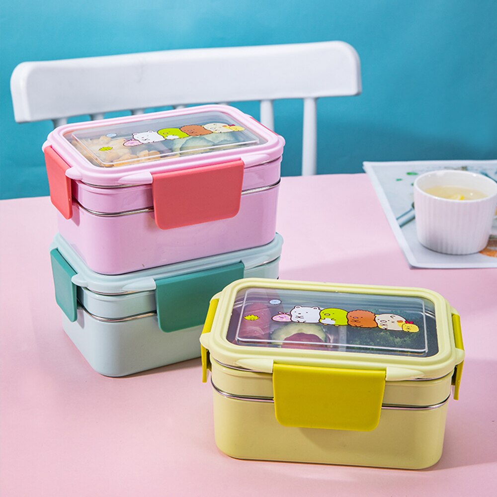 Draagbare Roestvrij Staal Lunchbox Dubbele Laag Cartoon Voedsel Container Doos Magnetron Bento Box Voor Kinderen Kinderen Picknick School