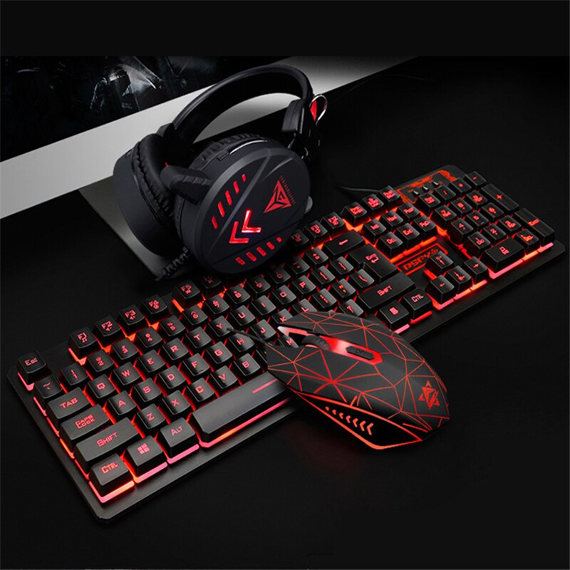 4Pcs Pad USB Computer Waterproof Gaming Mouse Headset Home Illuminated Wired Backlight Desktop Ergonomic Keyboard Set: Black Colorful Light