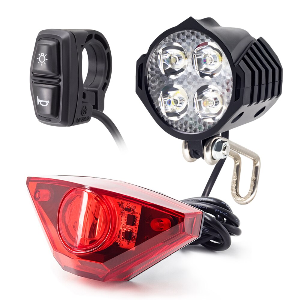 WEXPLORE Electric Bike Headlight Rear Light Kit Input 12V 24V 36V 48V 60V Built-in Speaker Ebike Front Light and Taillight Set: light set and Switch