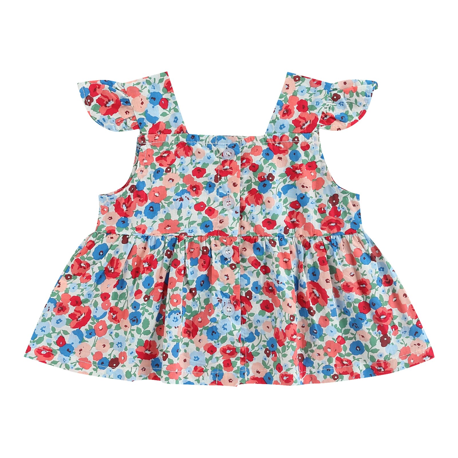 Tops de verano para niña pequeña, Camiseta con estampado de flores, manga con mosca, cuello cuadrado, cierre de botón, línea A