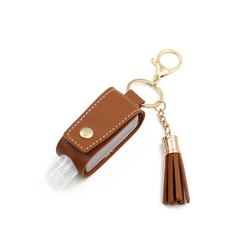 30ml Hand Sanitizer Holder Plastic Travel Bottle Refillable Container Reusable Bottle with Tassel Leather Keychain Carrier: brown