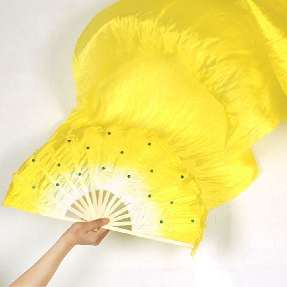 Long voile de ventilateur pliable en bambou, fait à la main, coloré en soie, flamme, danse du ventre, Art, jaune, rouge, bleu