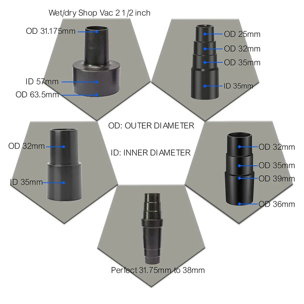 5 stk. adapter 32mm/35mm/38mm to 35mm/32mm/38mm cm våd 1-1/4- tør husholdningsapparater støvsugertilbehør