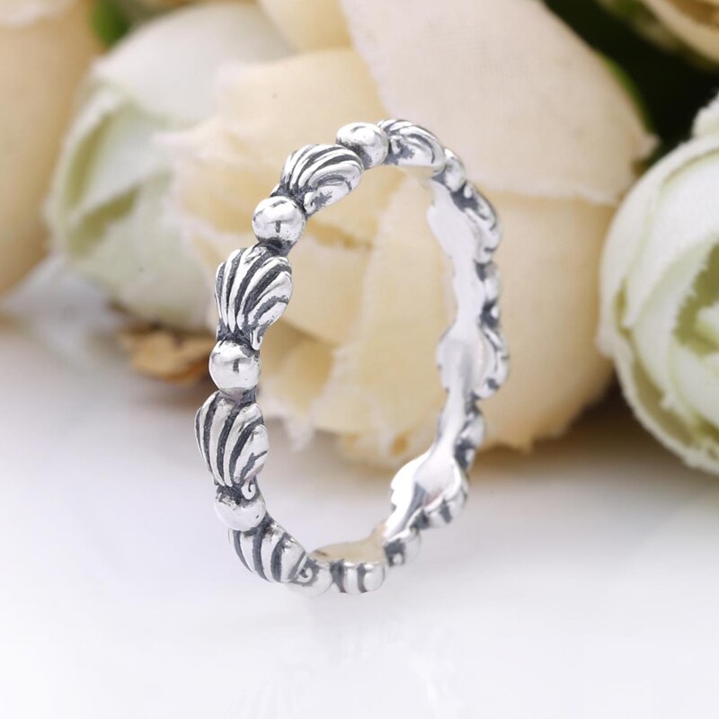 Authentic 925 Sterling Silver Beaded Seashell Band Ring Sparkling Rings For Women Original DIY Jewelry: 8.25 / S