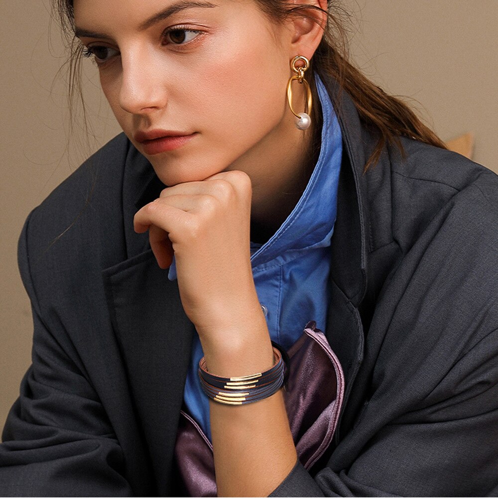 Pulseira de couro feminina, bracelete com faixas estilo boho, com contas de multicamadas, dourado e prateado, 2019