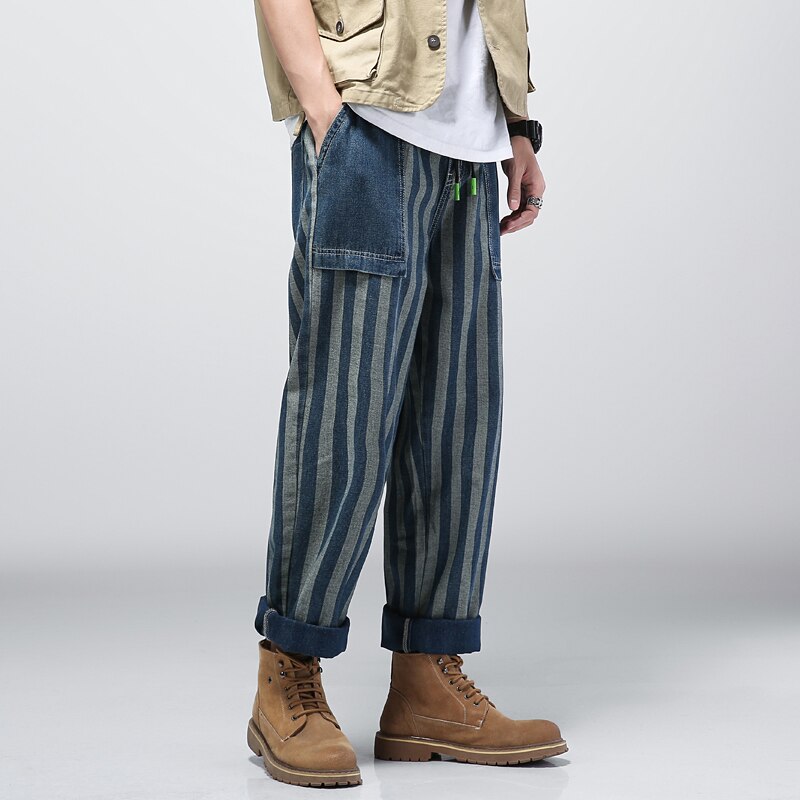 Pantalones vaqueros de rayas verticales para hombre, ropa de a la , con bolsillos grandes, holgados, elásticos, rectos, 2022