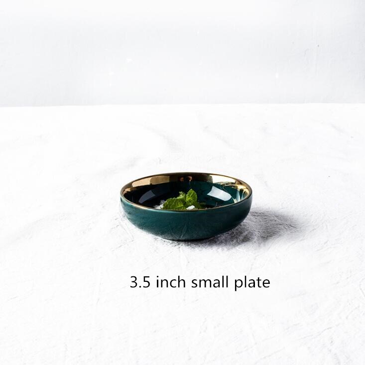 Grøn guld indlæg nordisk stil husholdning hotel keramisk bordservice high end porcelæn servise sæt skål fad plade: 3.5 tommer lille plade