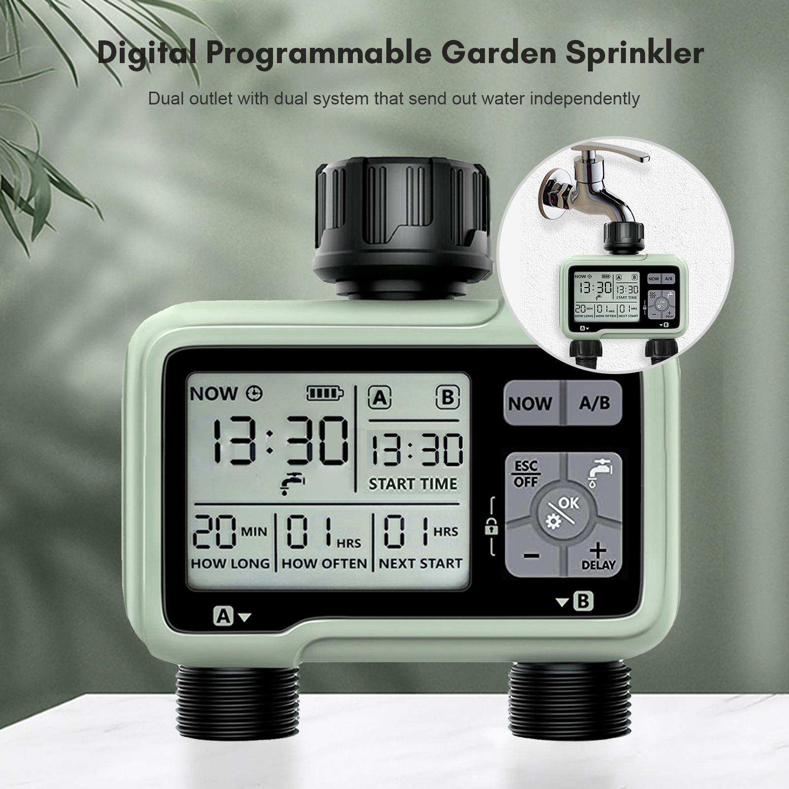 2-Outlet Digital Water Timer IPX5 Waterproof Programmable Garden Sprinkler with LCD Display Automatic plant watering system