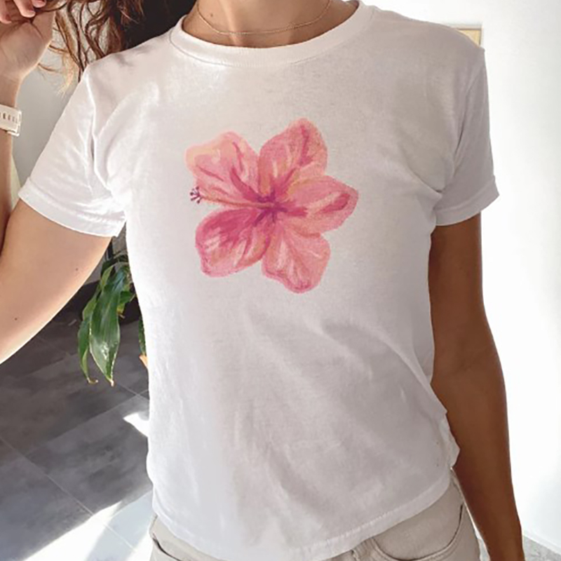 Camiseta gótica retro Harajuku ajustada de manga corta para mujer, ropa de calle, camiseta de bebé con estampado de flores lindas, top corto