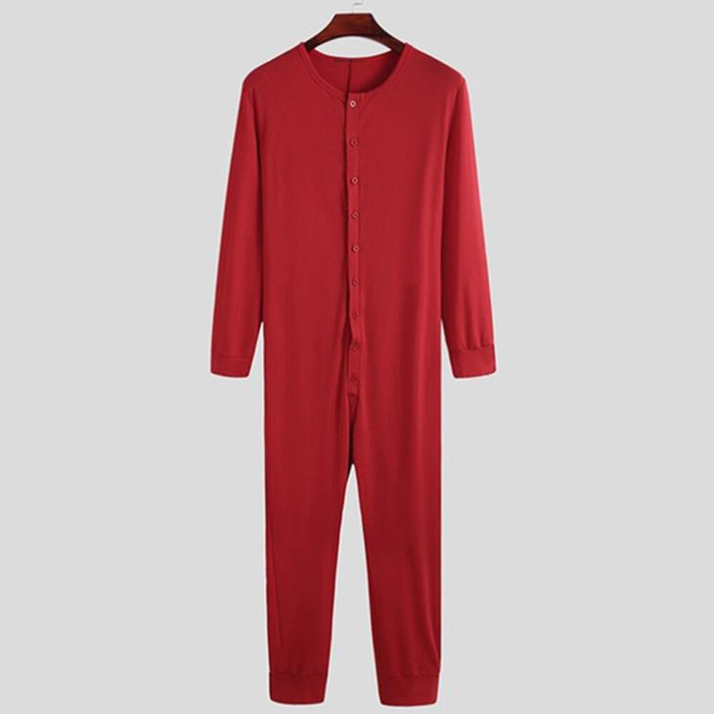 Adult Men Pajama Jumpsuit Overalls Homewear Playsuit Long Sleeve Comfortable Button Leisure Sleepwear Rompers Men Nightwear: Red Pajamas / XL