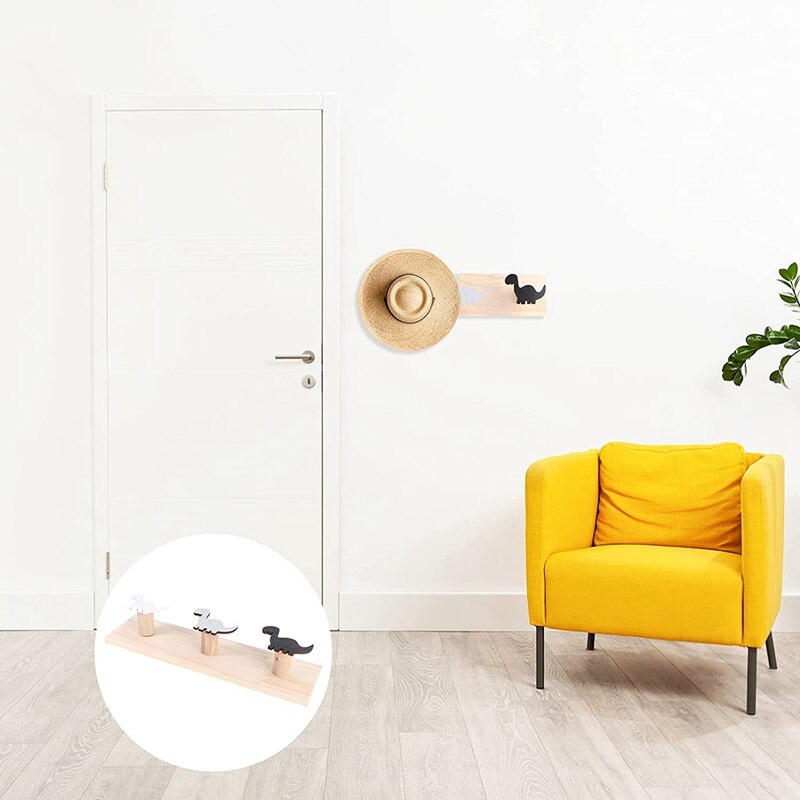 Perchero de madera con de dinosaurio para niños, colgador para colgar en la pared, para abrigos, decoración de dormitorio y sala de juegos, 2 piezas