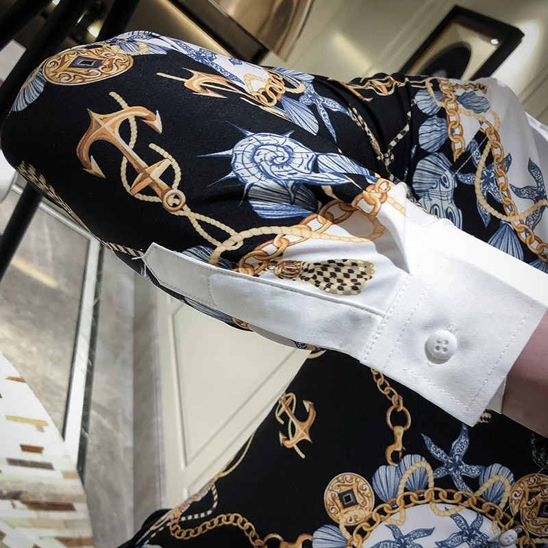 Guld sort koreansk mænd tøj streetwear print mænd casual skjorte slim fit mænd skjorte kjole fest smoking camiseta masculina