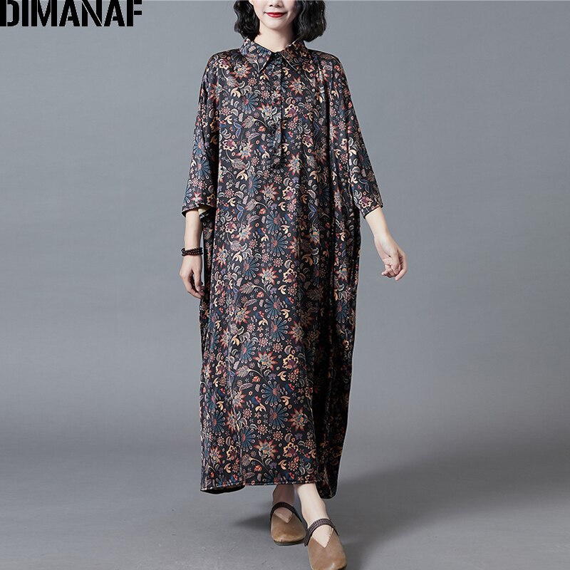 Dimanaf plus size damekjole vintage dame vestidos silke løs afslappet print blomstret maxi kjole 5xl 6xl efterårstøj