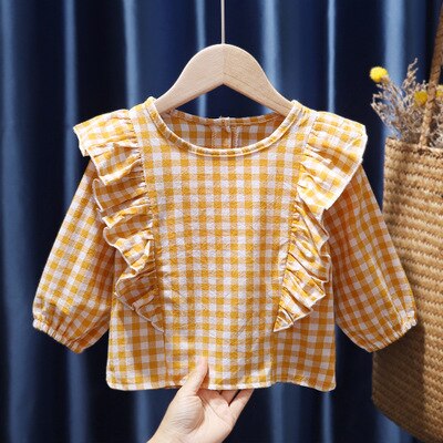 Bebê meninas xadrez camisa superior da criança manga longa roupas de outono: Amarelo