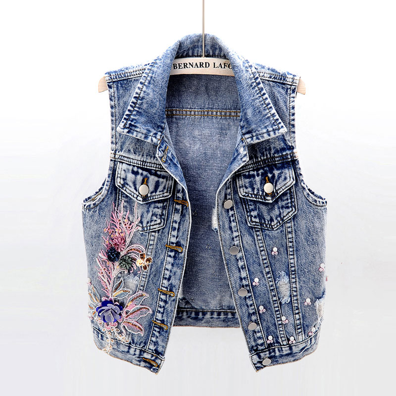 Street style 3d blomster broderi denim vest kvinder med perler jean veste ærmeløs: S