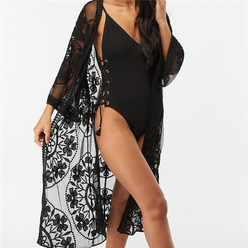 Vestido playero de encaje para mujer, Pareo playero, Túnica de Pareo para Playa, Kimono, traje de baño de encaje para mujer # Q767: 767 Black