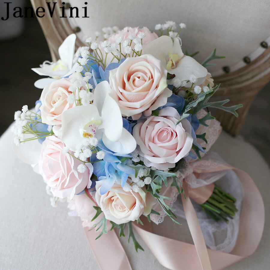 JaneVini Kunstmatige Orchidee Bruidsboeket Champagne Roze Rose Bloemen Broche Blauwe Hortensia Bruidsboeketten Fleur Mariage