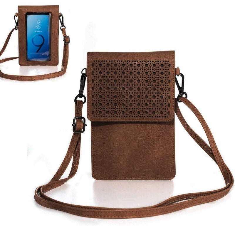 Touch Screen Leather Phone Purse with Clear Window Pocket Shoulder Strap Small Crossbody Bag Women Girls Wallet Pouch: Dark Khaki