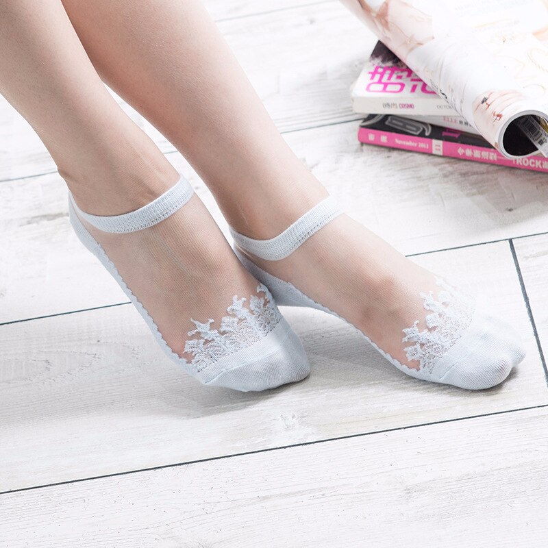 Japanse Harajuku Jacquard Transparant Kristal Zijden Sokken Vrouwen Sokken Dunne Onzichtbare Nylon Boot Sokken