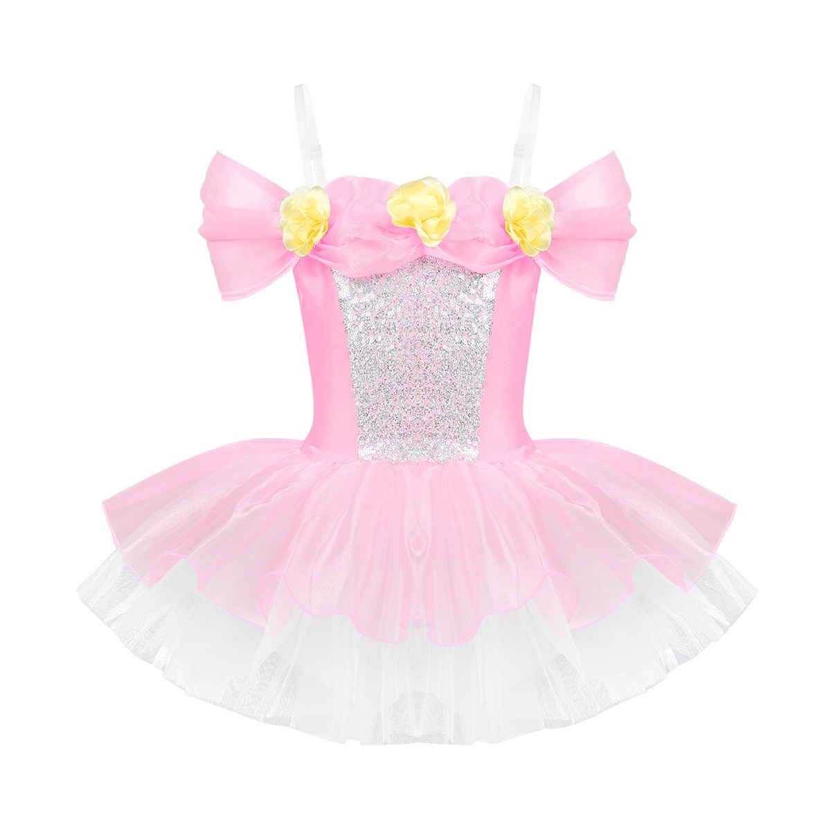 Iiniim-ballerine pour enfants, bretelles épaules dénudées, fleurs 3D, Ballet, danse, gymnastique, justaucorps, robe Tutu: Pink / L