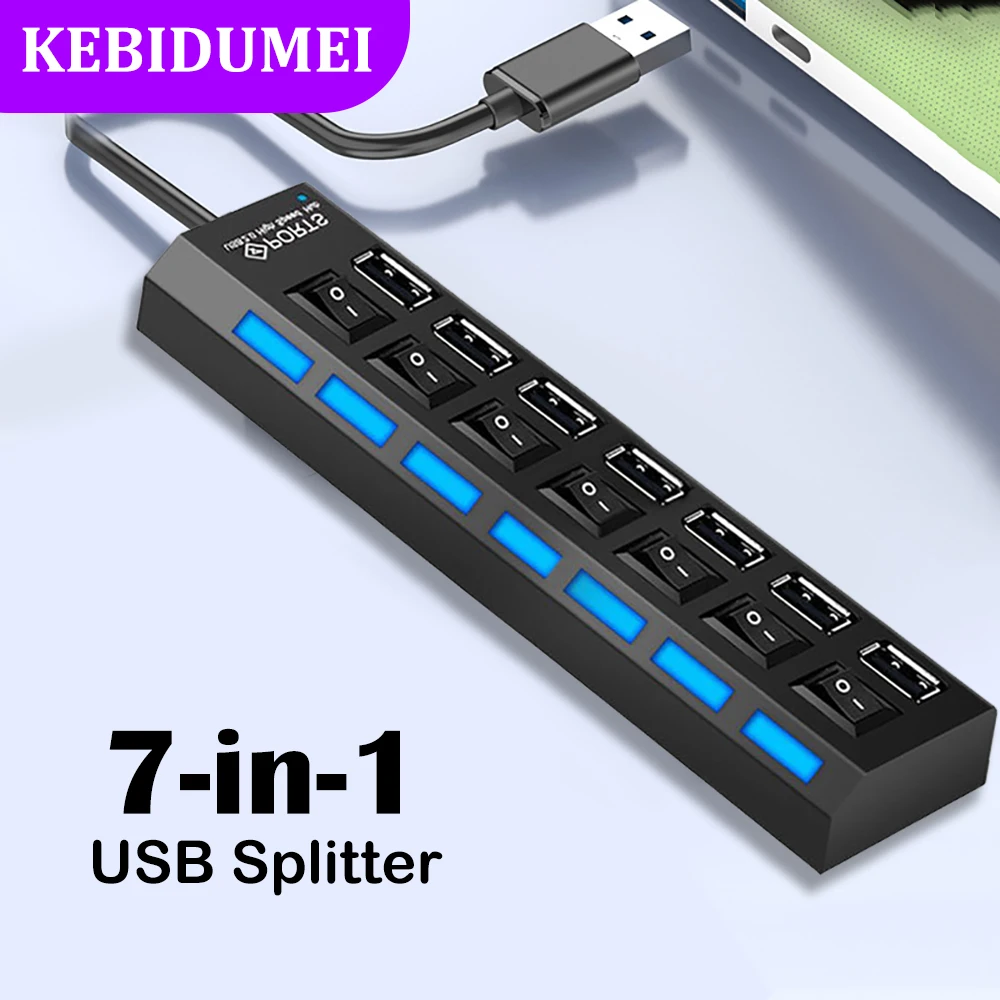 Rozdzielacz USB 7 w 1 z włącznikiem/wyłącznikiem 480 Mb/s Szybka stacja dokująca USB do laptopa PC Klawiatura Mysz