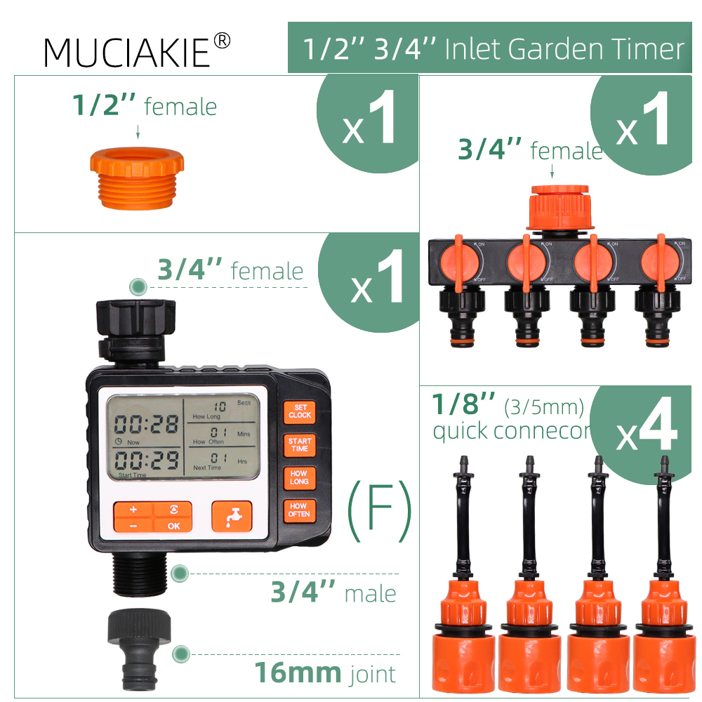 Temporizador de riego por goteo para jardín, controlador Digital programable automático, válvula solenoide, sistema de aspersores para invernadero doméstico: F