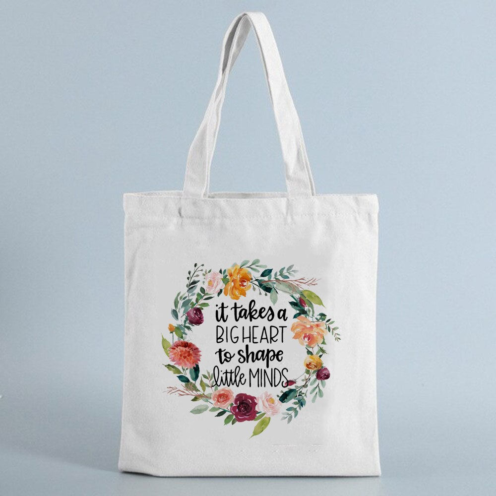 It Takes A Big Heart To Shape Little Mind Canvas Reusable Shopping Bag Teacher Shoulder Cloth Bags Shopper Tote Bag: B3181-TBWH-M