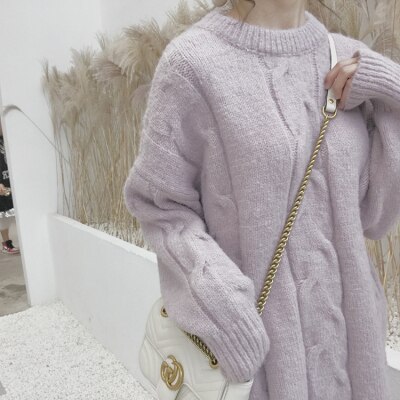 Syiwidii mohair oversize genser kvinner ribbet strikkede gensere løs solid varme søte vinterklær kvinner beige rosa blå: Lilla