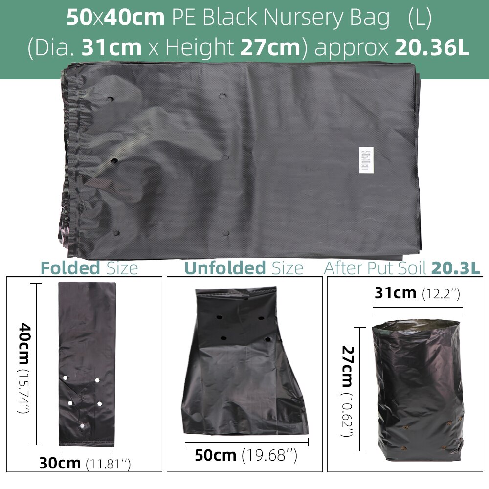 Bolsas de plástico de polietileno para vivero, macetas de cultivo de plantas de tela con agujeros transpirables para cultivo doméstico, suministros de jardinería, color negro, 100 piezas: Black 50x40m