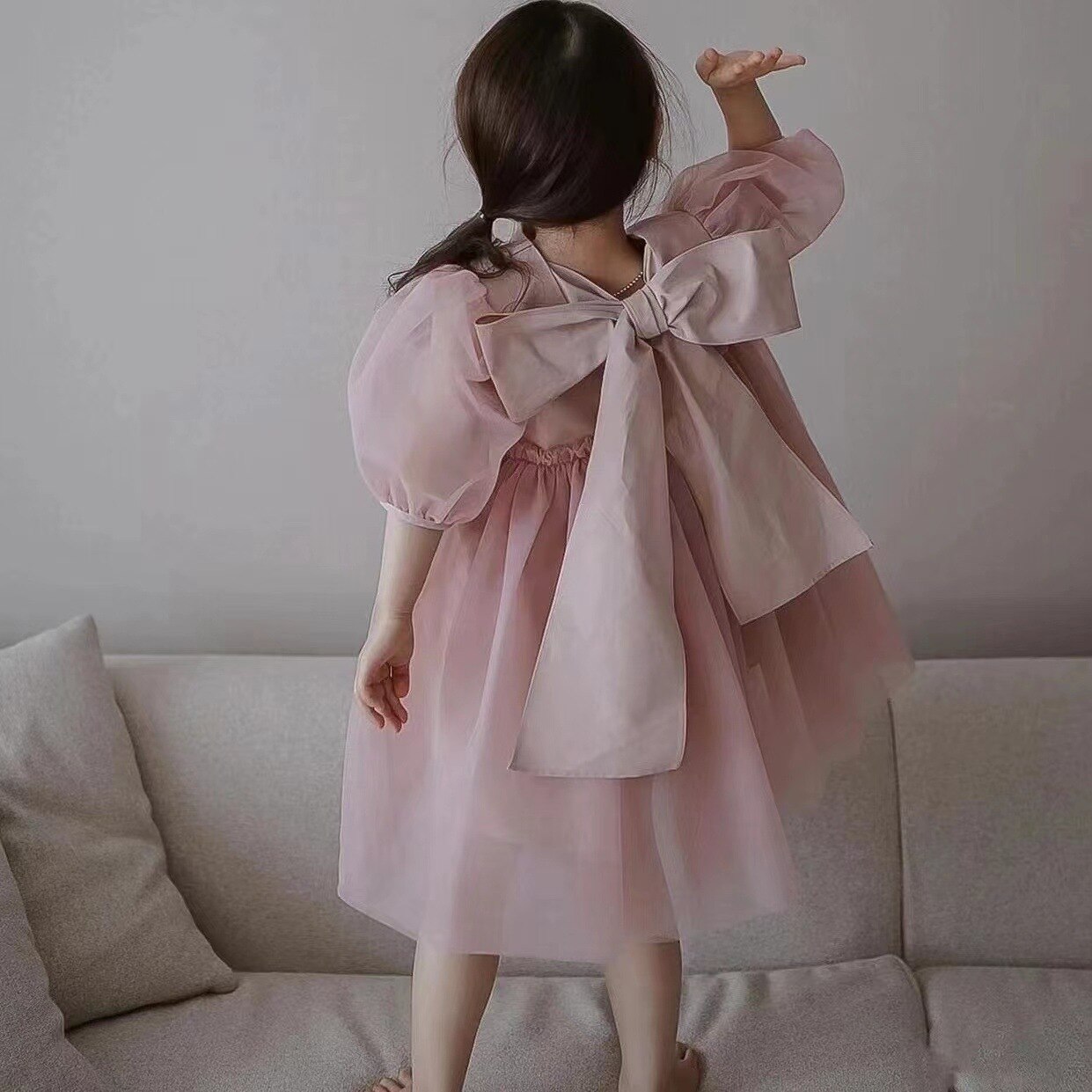 2098C Zomer 2022 Meisje Kleding Super Fee Prinses Jurk Koreaanse Kinderen Jurk Boog Losse Mesh Mouw Meisje Prinses jurk