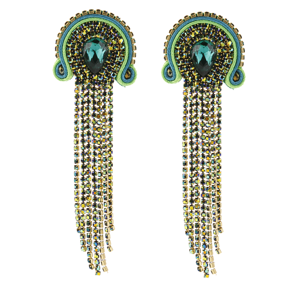 KPacTa Handmade Weaving Soutache Vintage Full Crystal Long Tassel Earrings For Women Temperament Earring Banquet: green 2