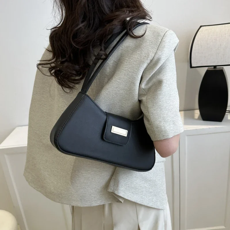Minimalist Shoulder Bag for Women Simple Solid Color Underarm Bag Buckle Handbag and Purse Small Top-handle Bags