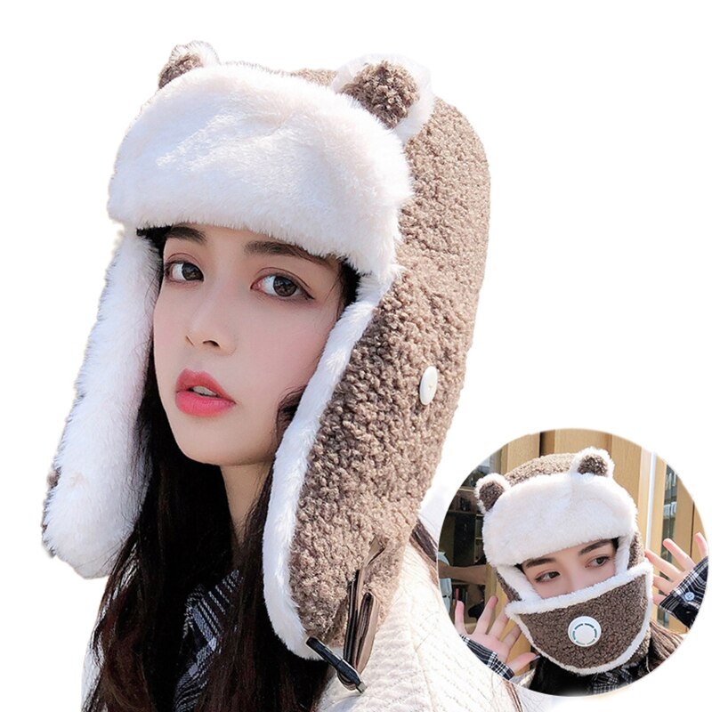 Vrouwen Cartoon Oren Winter Trooper Trapper Hoed Met Gezichtsmasker Fleece Oorklep Cap 6XDA: KH