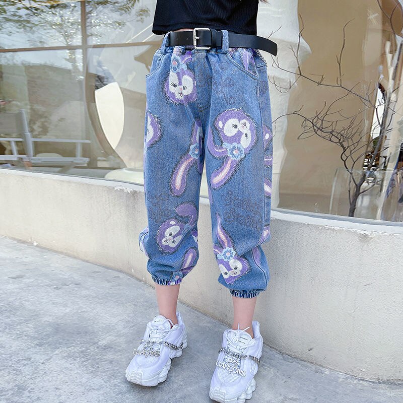 Teenage Girls Cartoon Jeans Children Elastic Waist Denim Pants Kids Girls Trousers jeans Clothes 6 8 10 12 14: jeans / 110