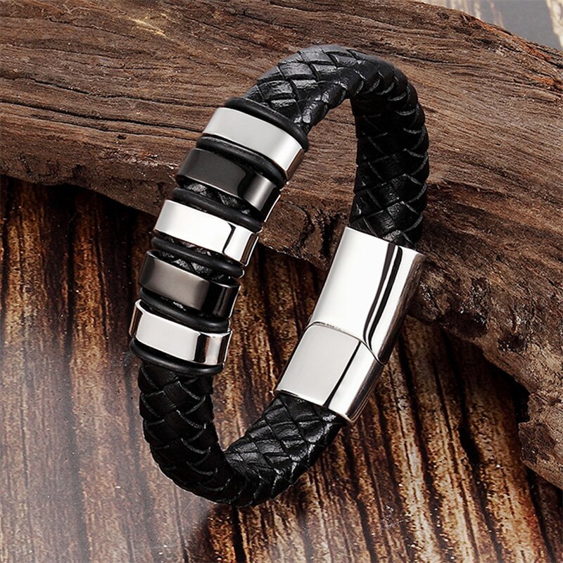 New Punk Men bracciale in pelle intrecciato a mano moda acciaio inossidabile fibbia magnetica bracciale in pelle per uomo regalo gioielli: 4