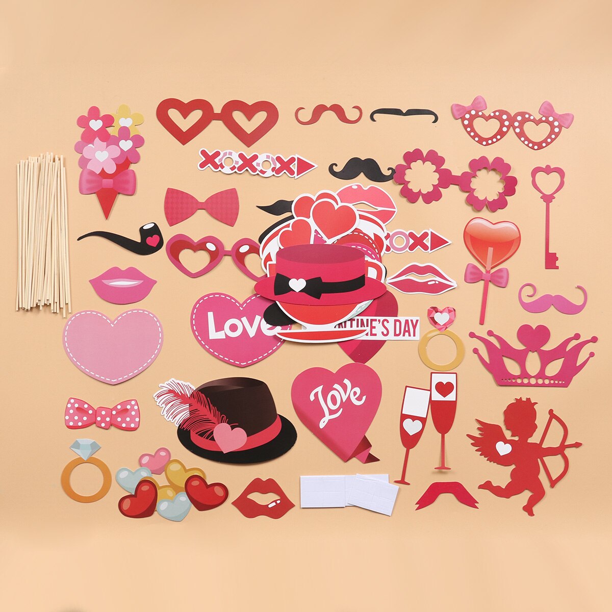 41pcs Valentines Romantic Decoration Photo Booth Props Sticks Prop Kit for Engagement Bridal Shower Wedding Party Valentines Day