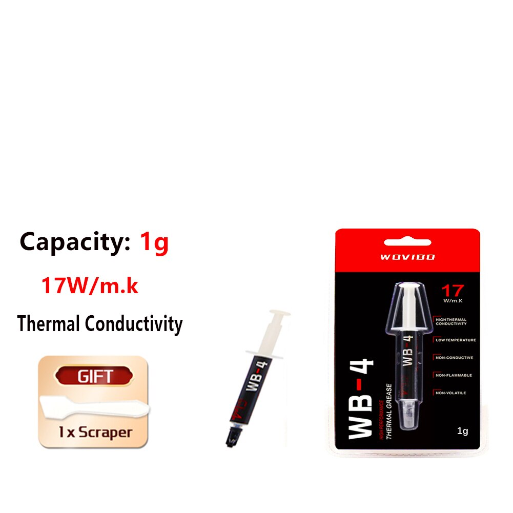 Wovibo-pasta térmica WB-4 WB 4 4g 1g 17 w/m-k para CPU, disipador de calor para impresora GPU, Enfriador de refrigeración, compuesto de grasa térmica de silicona: Capacity 1g